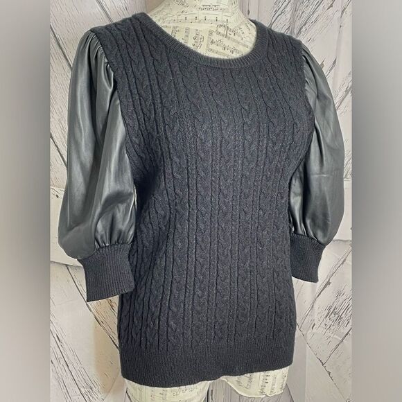 Tahari Faux Leather Puff Sleeve Sweater Black Cable Knit M - Picture 2 of 8